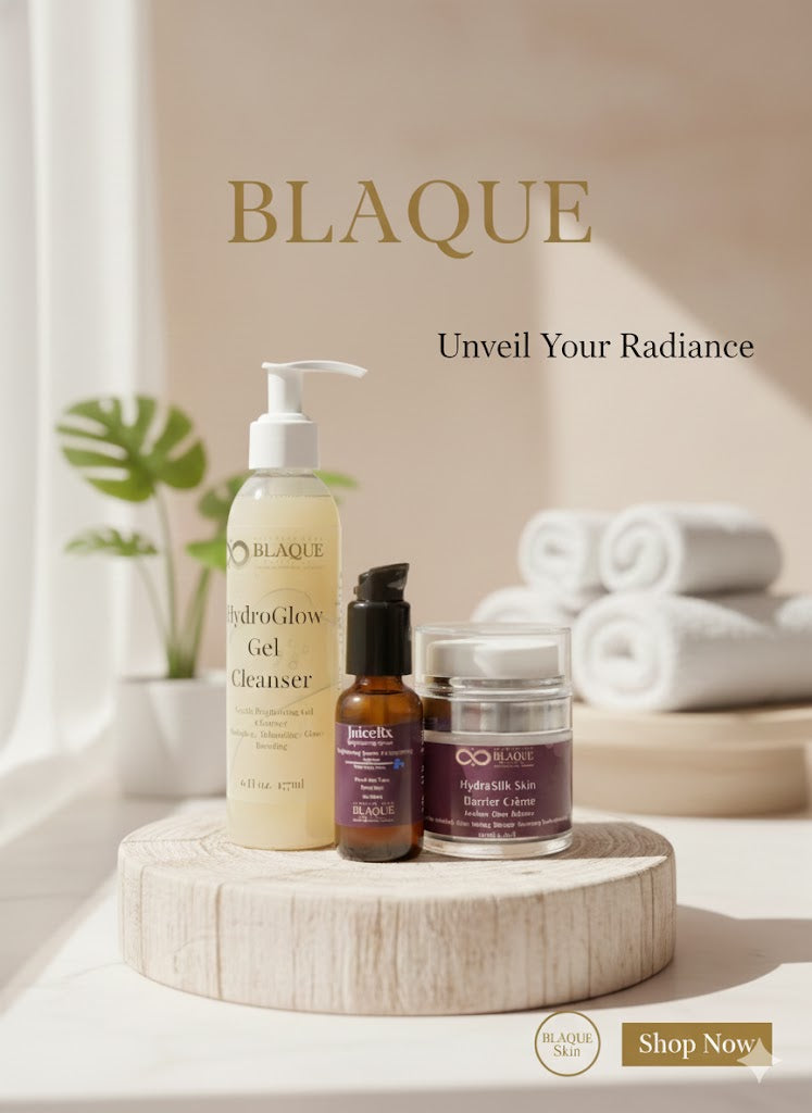 skincare products on a wooden stand with towels and plant in the background