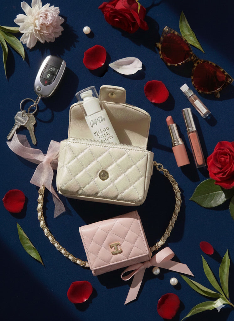 Quilted handbags with accessories on a dark blue background with flowers and jewelry.