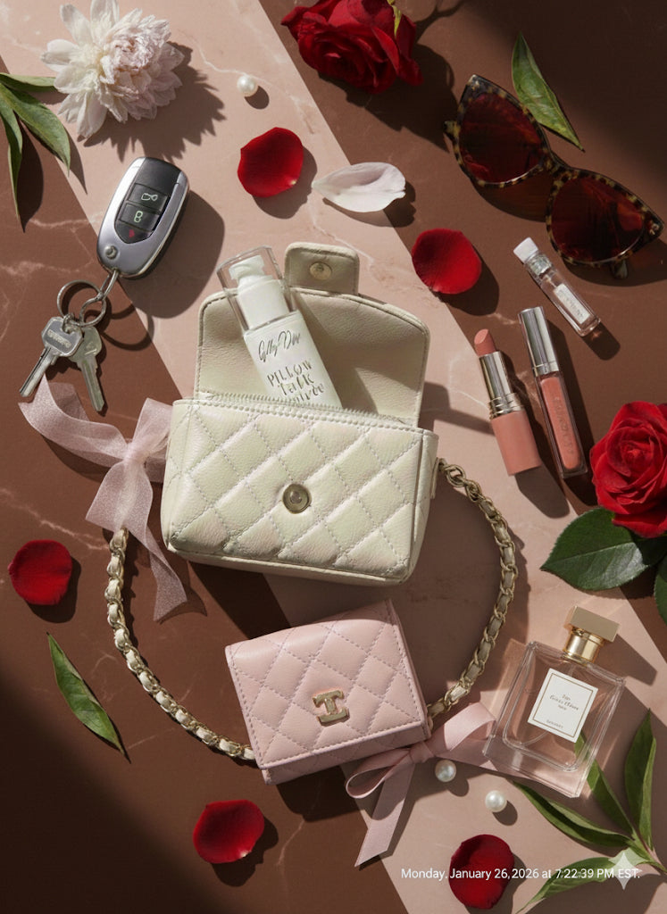 Light green quilted handbag with accessories on a brown surface with flowers and red petals.