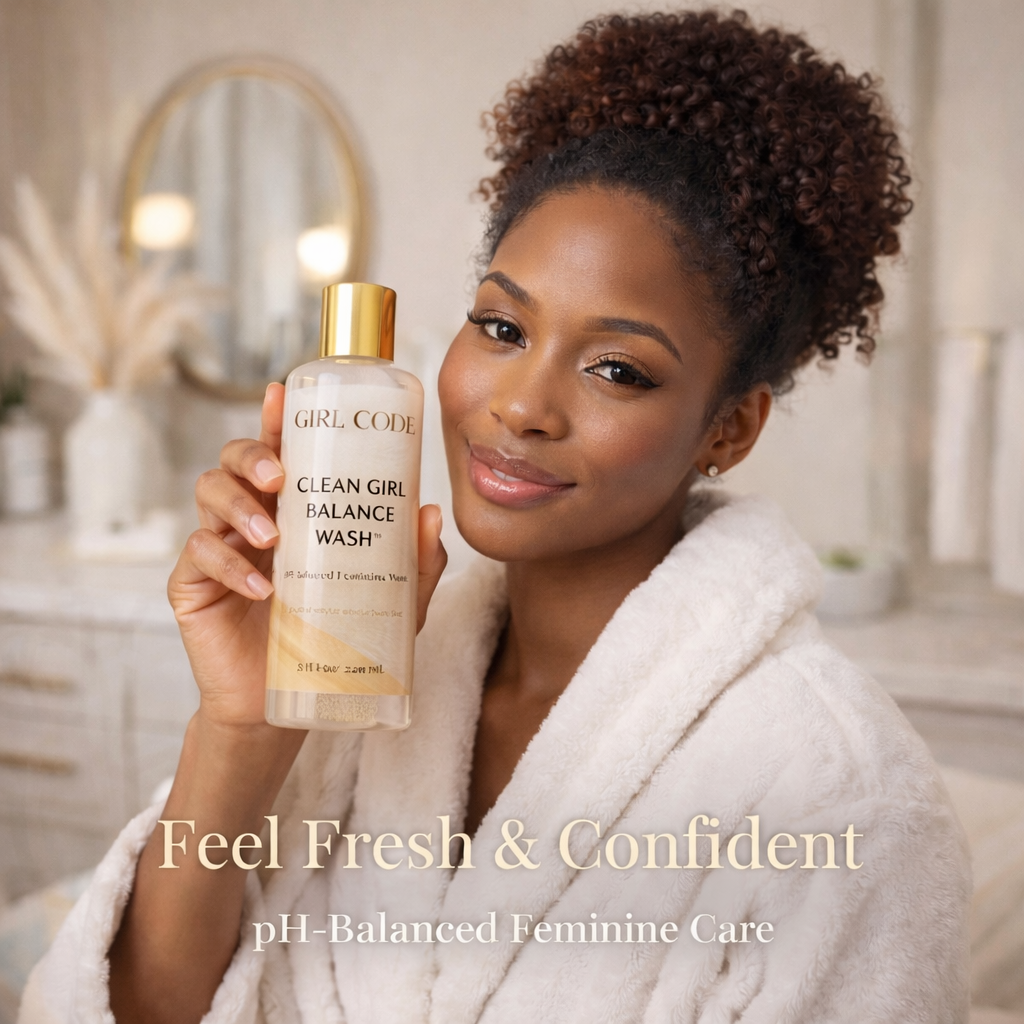 Woman holding a bottle of 'Girl Code' Clean Girl Balance Wash in a bathroom setting.
