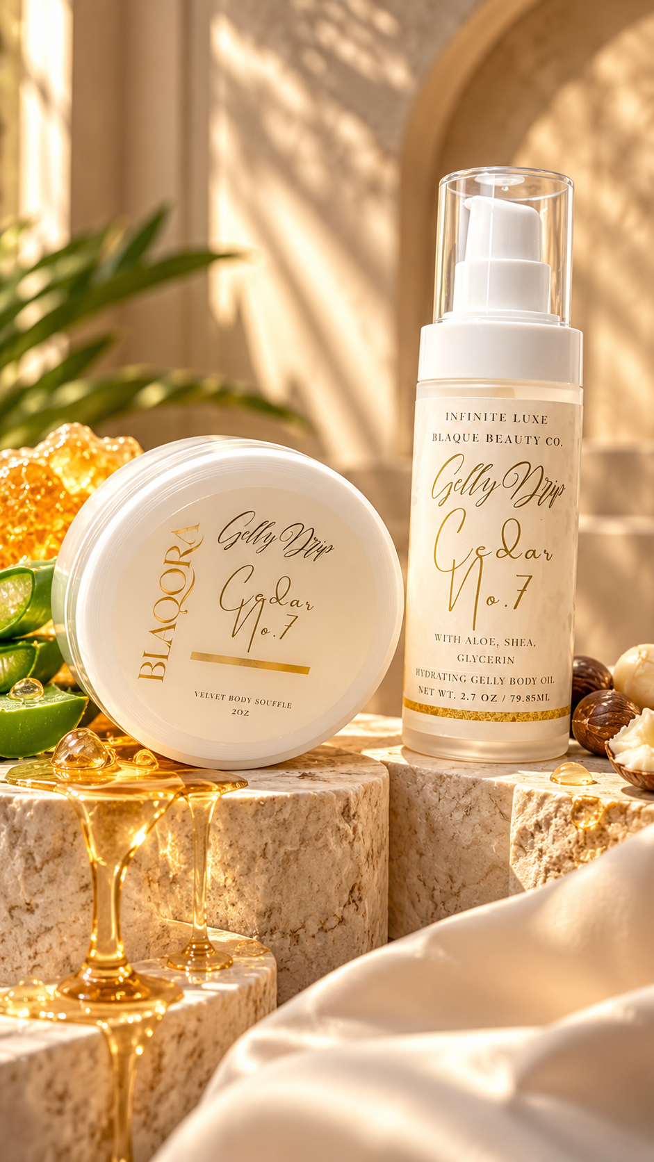 Two skincare products from Infinite Luxe Beauty Co. and BLAQOR'S are styled on a marble pedestal with gold props in a warm, sunlit setting.
